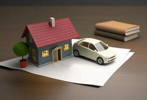 huis model- en auto Aan de tafel. echt landgoed concept. 3d illustratie. generatief ai foto