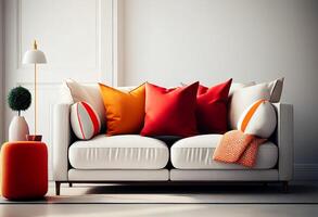interieur van modern leven kamer met wit sofa en oranje kussens generatief ai foto