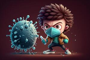 tekenfilm jongen vechten vs virus bacterie en virussen illustratie generatief ai foto
