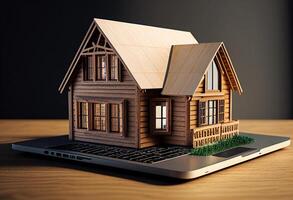 echt landgoed concept. houten huis model- Aan laptop scherm. 3d illustratie generatief ai foto