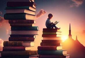 weinig jongen zittend Aan top van een stapel van boeken. onderwijs concept generatief ai foto