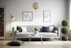 interieur van modern leven kamer met bank, koffie tafel, boekenplank, 3d geven generatief ai foto