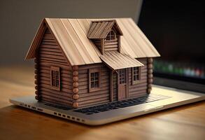 echt landgoed concept. houten huis model- Aan laptop scherm. 3d illustratie generatief ai foto