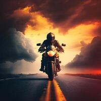 motorfiets rijder Aan de weg in de bergen Bij zonsondergang tijd. generatief ai foto
