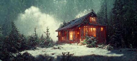 generatief ai illustratie van rustiek land huis, besneeuwd winter, een knus houten cabine huisje chalet huis gedekt in sneeuw in de buurt ski toevlucht in winter met de lichten beurt Aan. digitaal kunst. foto