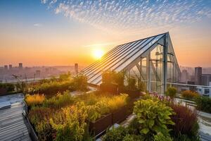 generatief ai illustratie van prachtig tuin Aan de op het dak van een hedendaags glas kantoor gebouw in Azië foto