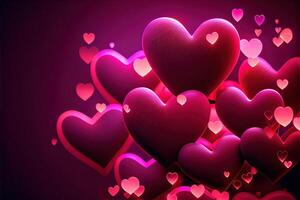 generatief ai illustratie van veel gloeiend harten - roze achtergrond voor valentijnsdag dag, liefde hart. neurale netwerk gegenereerd kunst. digitaal gegenereerd beeld foto