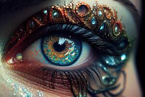 generatief ai illustratie van mooi vrouw ogen met carnaval glas sparkly oogschaduw. dichtbij focus. foto