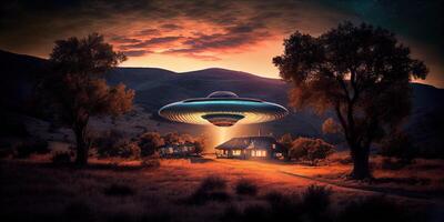 generatief ai illustratie van een stationair ufo zweven in de heuvels, met een mysterieus en griezelig atmosfeer foto