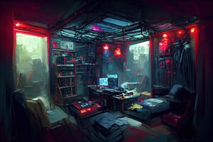 generatief ai illustratie van rommelig en donker cyberpunk hacker schuilplaats kamer met lichten foto