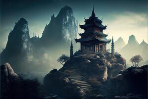 generatief ai illustratie van fantasie achtergrond met mysterieus oude Chinese tempel in bergen. digitaal kunstwerk. Chinese stijl. gaming en kunst concept. foto