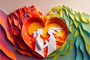 generatief ai illustratie van origami Valentijn dag achtergrond, gelukkig stel, kleurrijk. papier besnoeiing ambacht, 3d papier stijl. neurale netwerk gegenereerd kunst. digitaal gegenereerd beeld foto