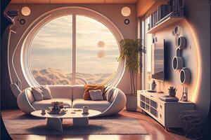 generatief ai illustratie van comfortabel leven kamer van de jaar 2050, Scandinavisch Japans sci-fi ontwerp foto