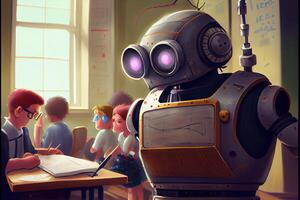 generatief ai illustratie van scholen van toekomst. slim zelf geautomatiseerd robot in school, onderwijs in klasse foto
