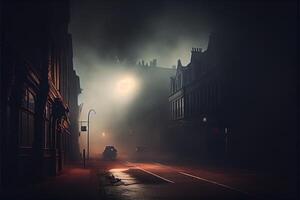 generatief ai illustratie van donker somber leeg straat met rook, smog foto