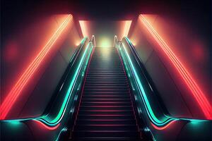 generatief ai illustratie van ondergronds roltrap met neon verlichting, dynamisch lichten, naar boven beweging, trap foto