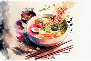 generatief ai illustratie van knolling Japans keuken voedsel, waterverf verf stijl, reeks van Aziatisch voedsel foto