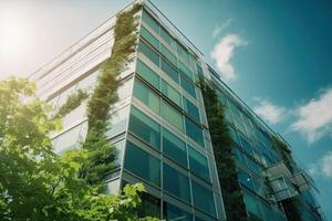 generatief ai illustratie van prachtig tuin Aan de op het dak van een hedendaags glas kantoor gebouw in Azië foto