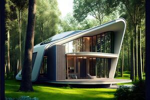 generatief ai illustratie van een voorlopig ontwerp bouwkundig ontwerp voor een futuristisch, milieuvriendelijk huis, met een strak, modern ontwerp met een klein stroom rennen door de tuin. foto