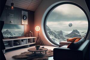generatief ai illustratie van comfortabel leven kamer van de jaar 2050, Scandinavisch Japans sci-fi ontwerp foto