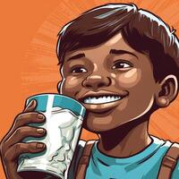 jong jongen drinken melk, tekenfilm illustratie met generatief ai foto