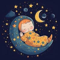 baby slapen tussen blauw lucht, helder maan en sterren, tekenfilm met generatief ai foto