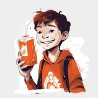 jong jongen drinken melk, tekenfilm illustratie met generatief ai foto