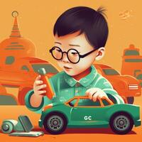 jongen spelen met speelgoed- auto, tekenfilm illustratie met generatief ai foto