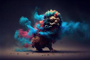 generatief ai illustratie van antropomorf traditioneel Chinese leeuw dans, groot ronde ogen, mollig lichaam, Chinese voorjaar festival, lichtgevend deeltjes, rook foto