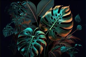 generatief ai illustratie van donker groen tropisch bladeren kleurrijk neon licht, tegenlicht, bladeren samenstelling, fabriek achtergrond, manstera, palm bladeren foto