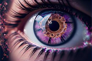 generatief ai illustratie van macro fotografie schot van realistisch vrouw ogen met roze iris dat looks Leuk vinden een Romeins cijfer analoog klok, tijd in ogen, opalescentie en glimmend, verbrijzeld glas Kristallen foto