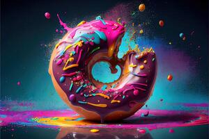 generatief ai illustratie van trippy donut collage gedetailleerd levendig kleuren, spatten, reusachtig glinsterend donut , drijvend in vrij ruimte, pastel terug druppel. digitaal gegenereerd beeld foto