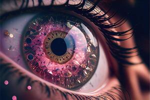 generatief ai illustratie van macro fotografie schot van realistisch vrouw ogen met roze iris dat looks Leuk vinden een Romeins cijfer analoog klok, tijd in ogen, opalescentie en glimmend, verbrijzeld glas Kristallen foto