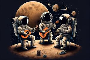 generatief ai illustratie van een trio van astronauten maken muziek- Aan de maan- oppervlakte foto