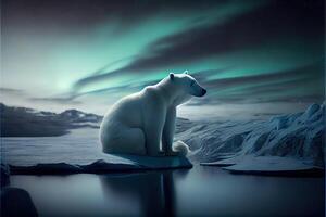 generatief ai illustratie van eenzaam wit beer Aan ijsberg, Aurora lucht foto