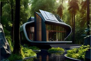 generatief ai illustratie van een voorlopig ontwerp bouwkundig ontwerp voor een futuristisch, milieuvriendelijk huis, met een strak, modern ontwerp met een klein stroom rennen door de tuin. foto