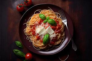 generatief ai illustratie van smakelijk smakelijk klassiek Italiaans spaghetti pasta met tomaat saus, kaas Parmezaanse kaas en basilicum Aan bord Aan donker tafel. visie van bovenstaand foto