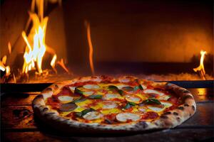 generatief ai illustratie van Italiaans pizza is gekookt in een houtgestookt oven. foto