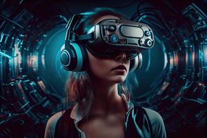 generatief ai illustratie van een enthousiast jong Dames vervelend virtueel realiteit stofbril is binnen de metavers. metaverse concept en virtueel wereld elementen foto