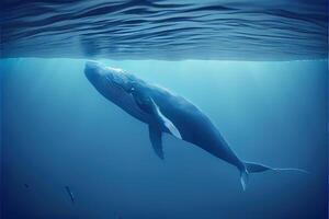 generatief ai illustratie van blauw walvis onder water, oceaan foto