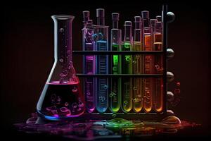 generatief ai illustratie van de periodiek tabel zijn test buizen en kolven gebruikt in laboratoria met gekleurde vloeistoffen foto