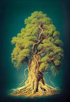 generatief ai illustratie van oud groot groen boom met wortels, Aan droog land, boom van aarde en leven, magie boom.digitaal kunst, natuur concept. foto