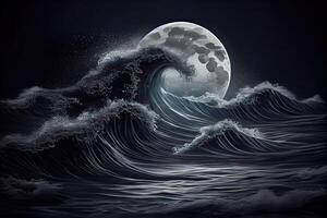 generatief ai illustratie van een zee donker nacht landschap. rood maanlicht weerspiegeld in de golven van de oceaan. zee stormachtig Golf met schuim, Japans kunst stijl foto
