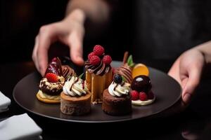 zoet menu restaurant portie, bord met desserts in vrouw handen generatief ai foto