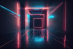 generatief ai illustratie van een abstract donker neon meetkundig achtergrond, reeks binnen een donker en leeg kamer met gloeiend laser lijnen Aan de muren, een nat beton vloer, met neon licht reflecties foto