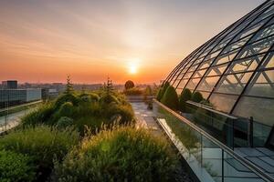 generatief ai illustratie van prachtig tuin Aan de op het dak van een hedendaags glas kantoor gebouw in Azië foto