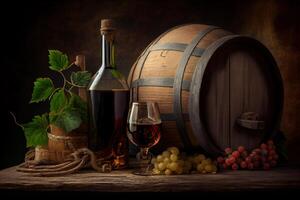 generatief ai illustratie van wijn met houten loop, hooi en druif foto
