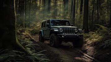 van de weg af ras Aan vallen natuur achtergrond. auto's racing in herfst Woud. suv of van de weg af auto Aan pad gedekt met gras kruispunt plas met aarde plons. generatief ai. foto