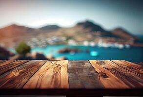 bruin houten tafel, mooi hout textuur, en patroon met wazig tropisch natuurlijk landschap, berg. generatief ai. foto