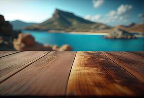 bruin houten tafel, mooi hout textuur, en patroon met wazig tropisch natuurlijk landschap, berg. generatief ai. foto